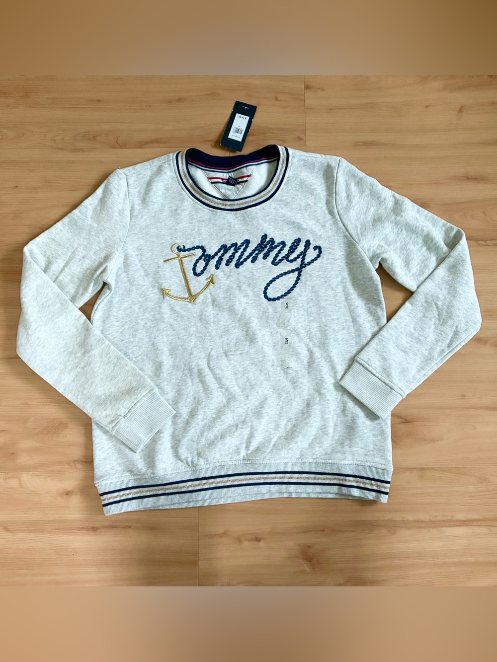 Tommy Hilfiger Cream Crewneck Sweater with Navy Script & Gold Anchor Women S